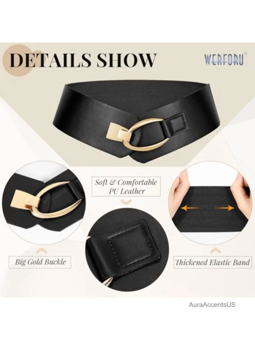 Women Wide Faux Leather Elastic Belt with Gold Buckle for Dresses